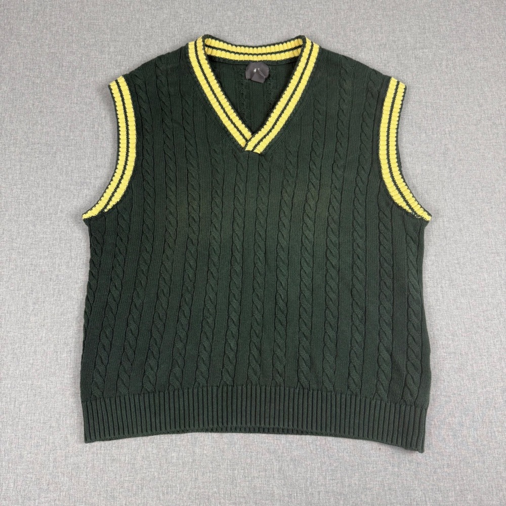 H&M Green Cable Knit Sweater Vest Mens Medium Yellow Stripe V-Neck Preppy Retro